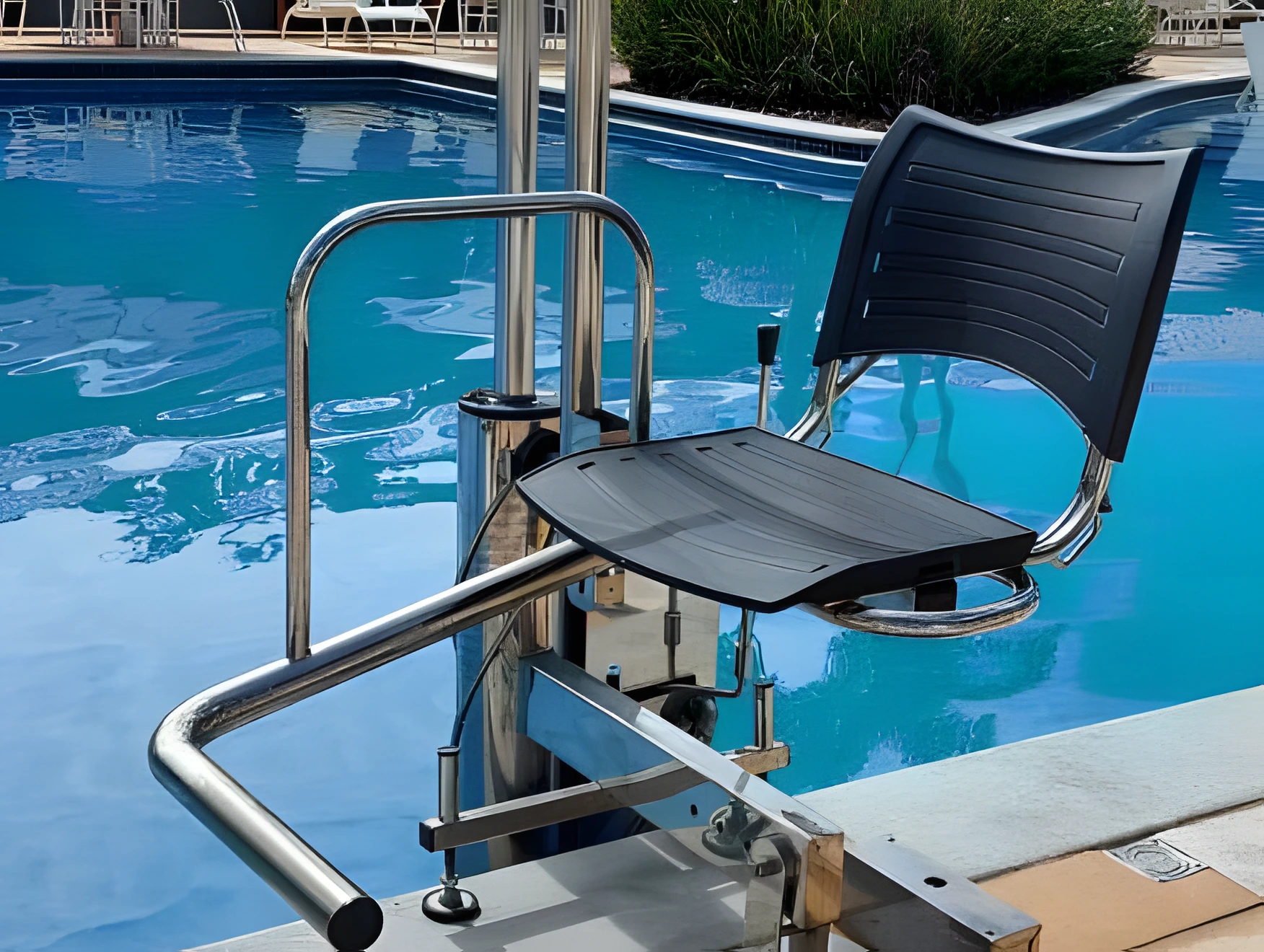 Detalhe da cadeira hidráulica de piscina em aço inox 304