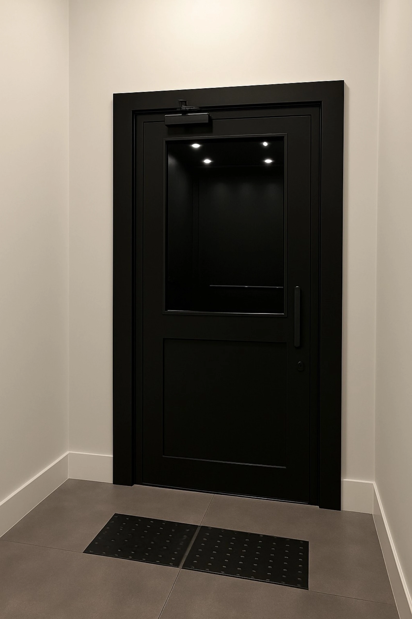 Plataforma com cabine — acabamento preto, porta fechada