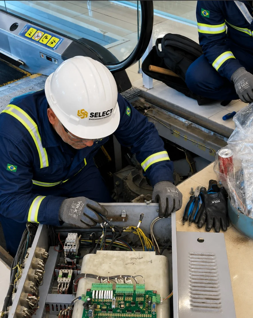 Técnico Select em manutenção de painel eletrônico de escada rolante
